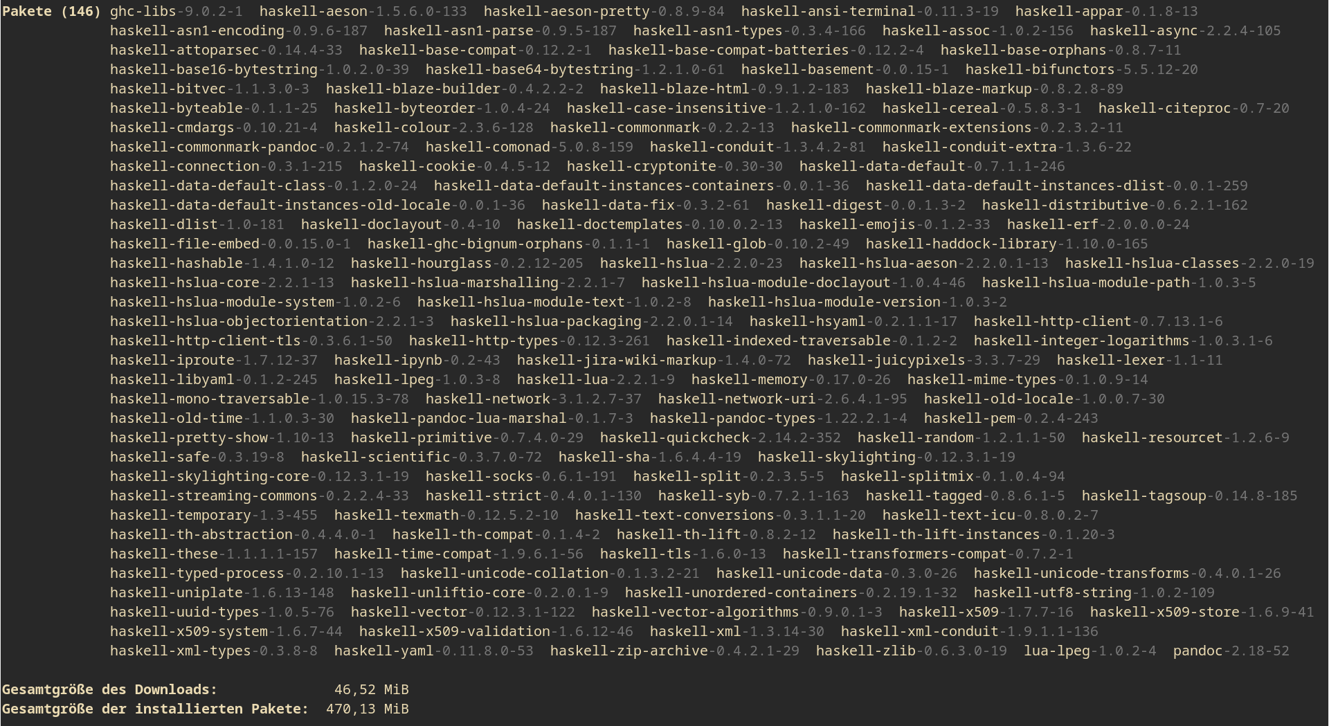 full screen terminal window filled to the brim with pandoc dependencies