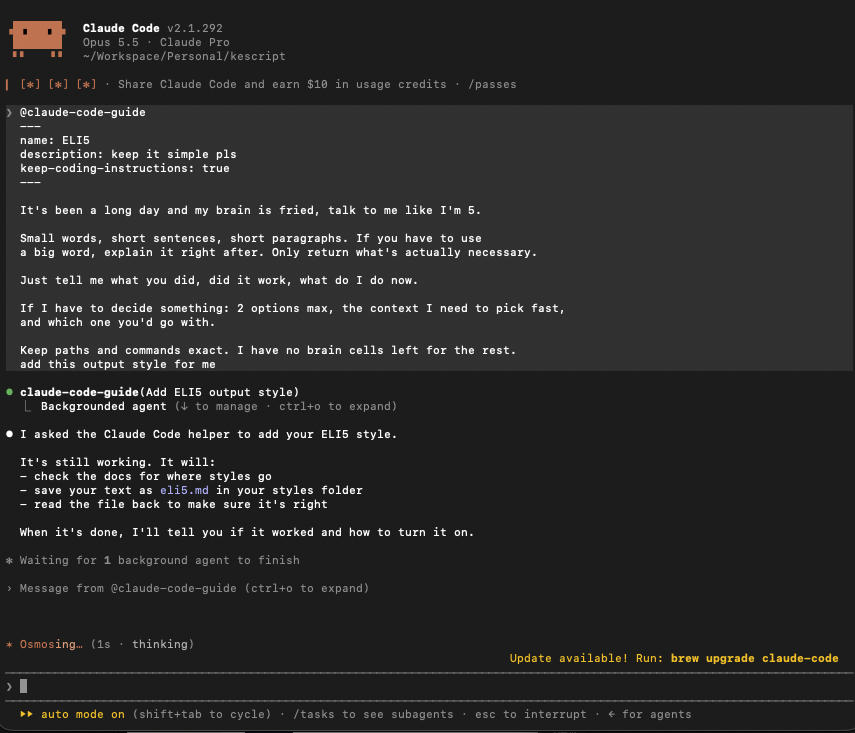 Image showing how the output style was added using @claude-code-guide agent.