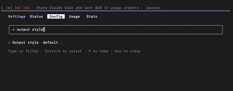 An image of Claude Code's config showing how to select an output style.