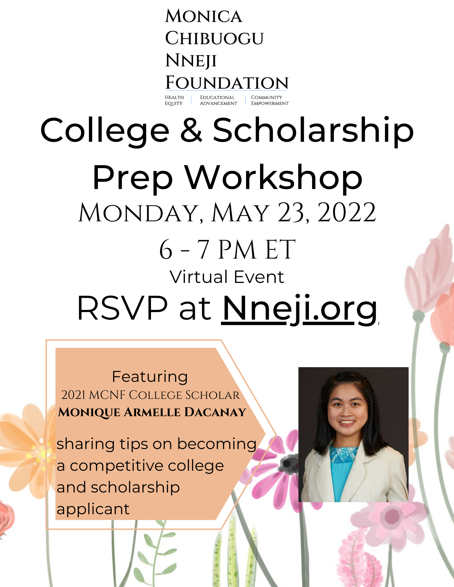 2022 MCNF College & Scholarship Prep Workshop Flyer featuring 2021 MCNF College Scholar Monique Armelle Dacanay