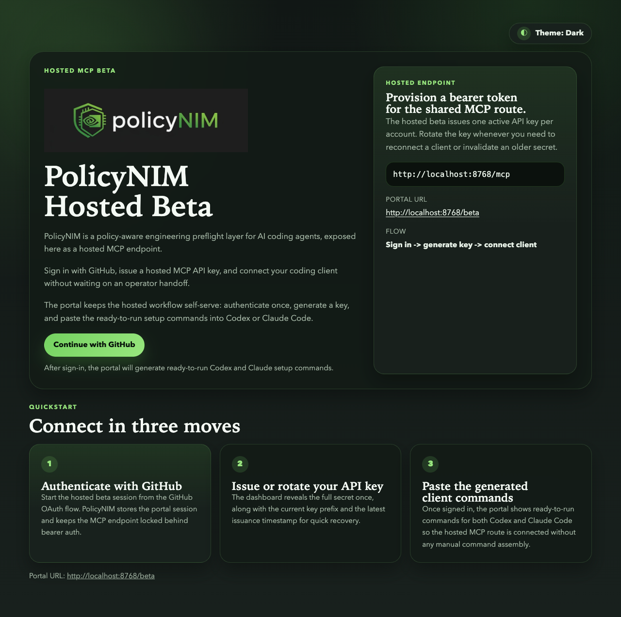 PolicyNIM hosted beta landing page in dark mode