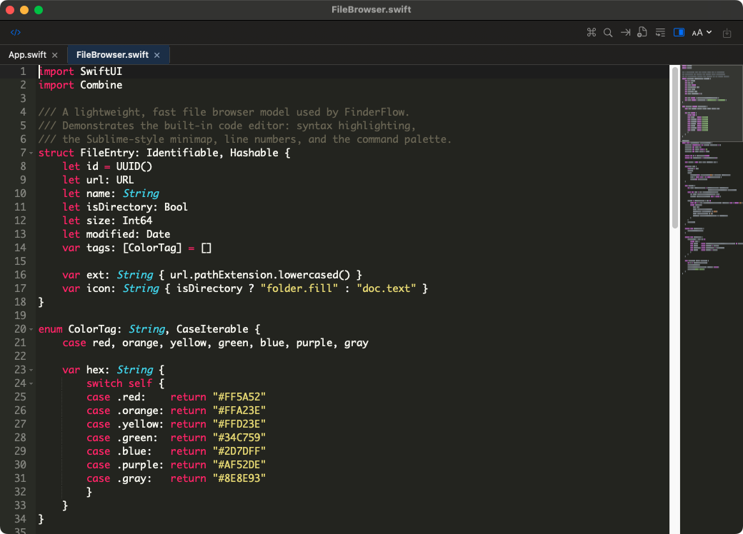 Built-in code editor with minimap