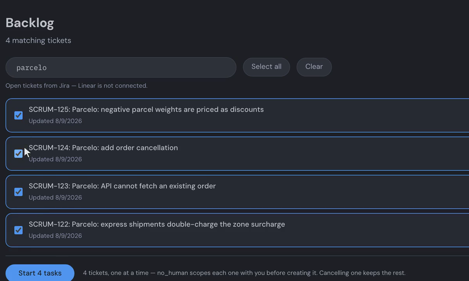 The Backlog synced from Jira: four matching tickets selected, and a Start 4 tasks button.