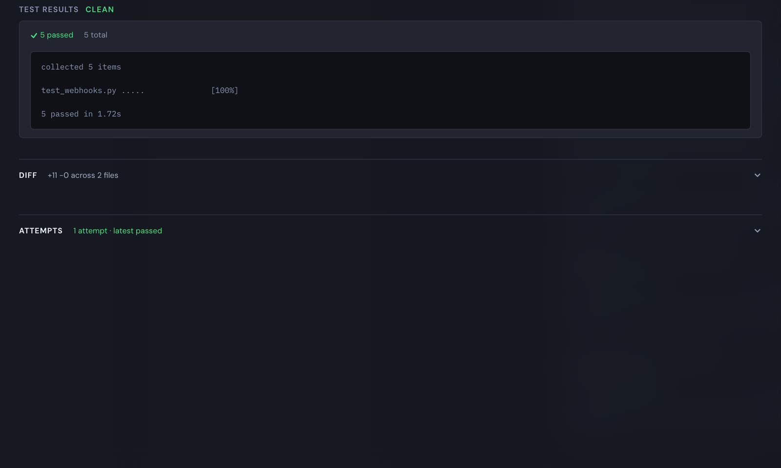 The task's Test results panel: CLEAN, 5 passed of 5 total, with the pytest output underneath.