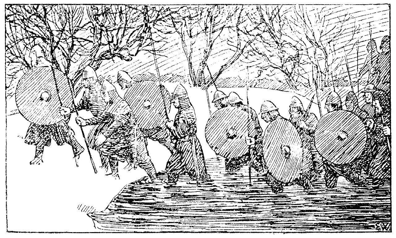 The king's hirð wading a river, drawn by Erik Werenskiold