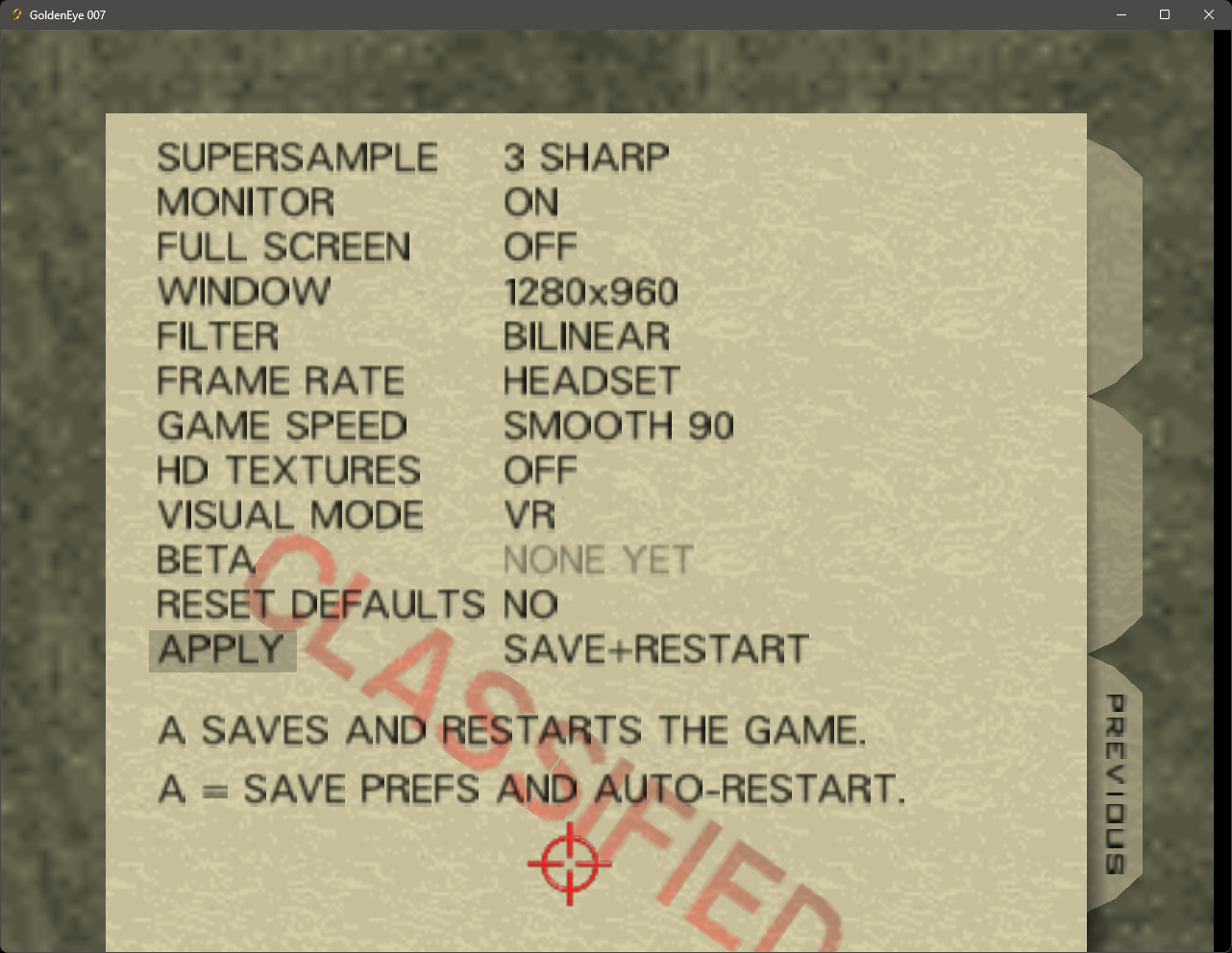 GEVR Settings menu on Mission Select