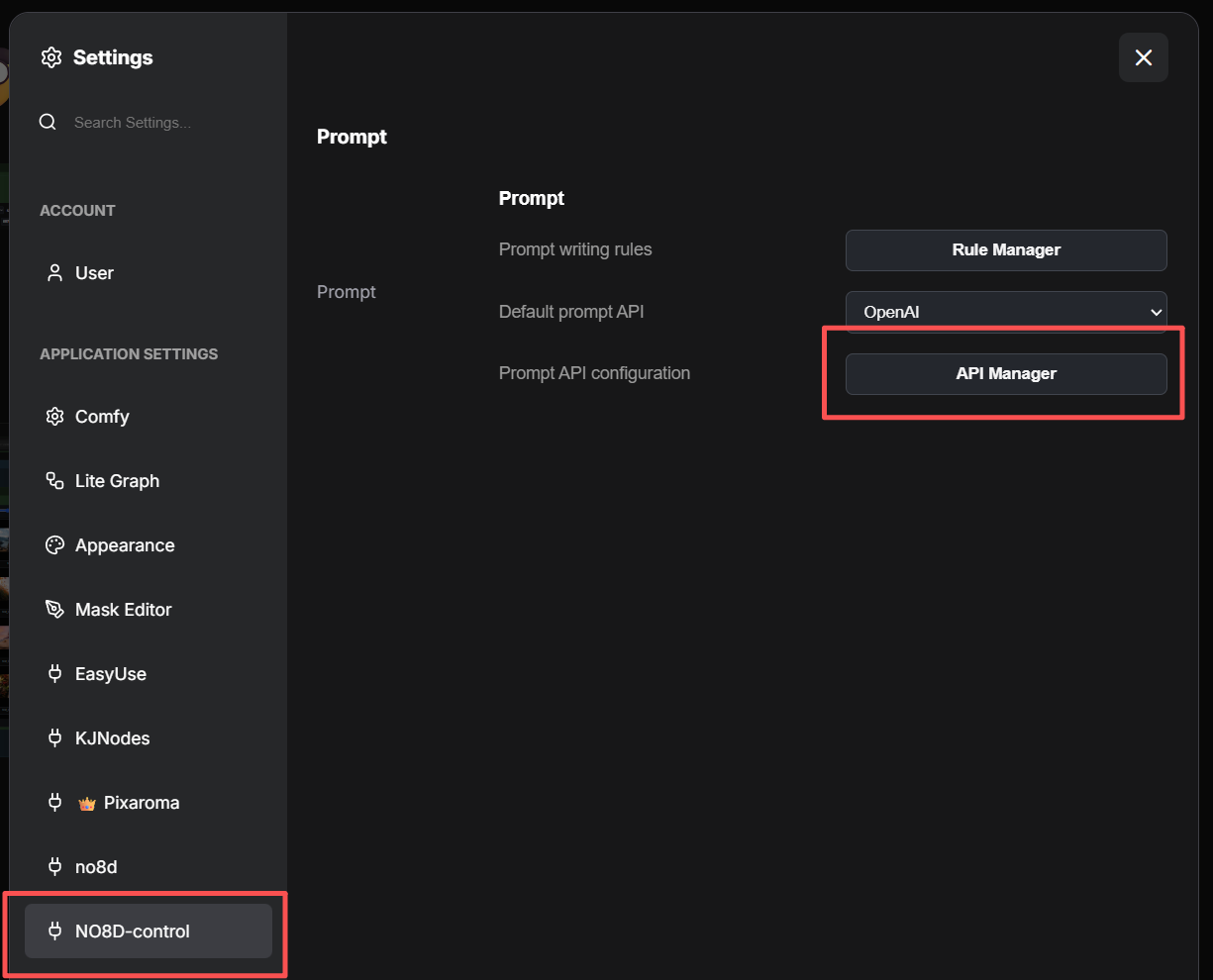 Open NO8D Prompt API Manager from ComfyUI settings
