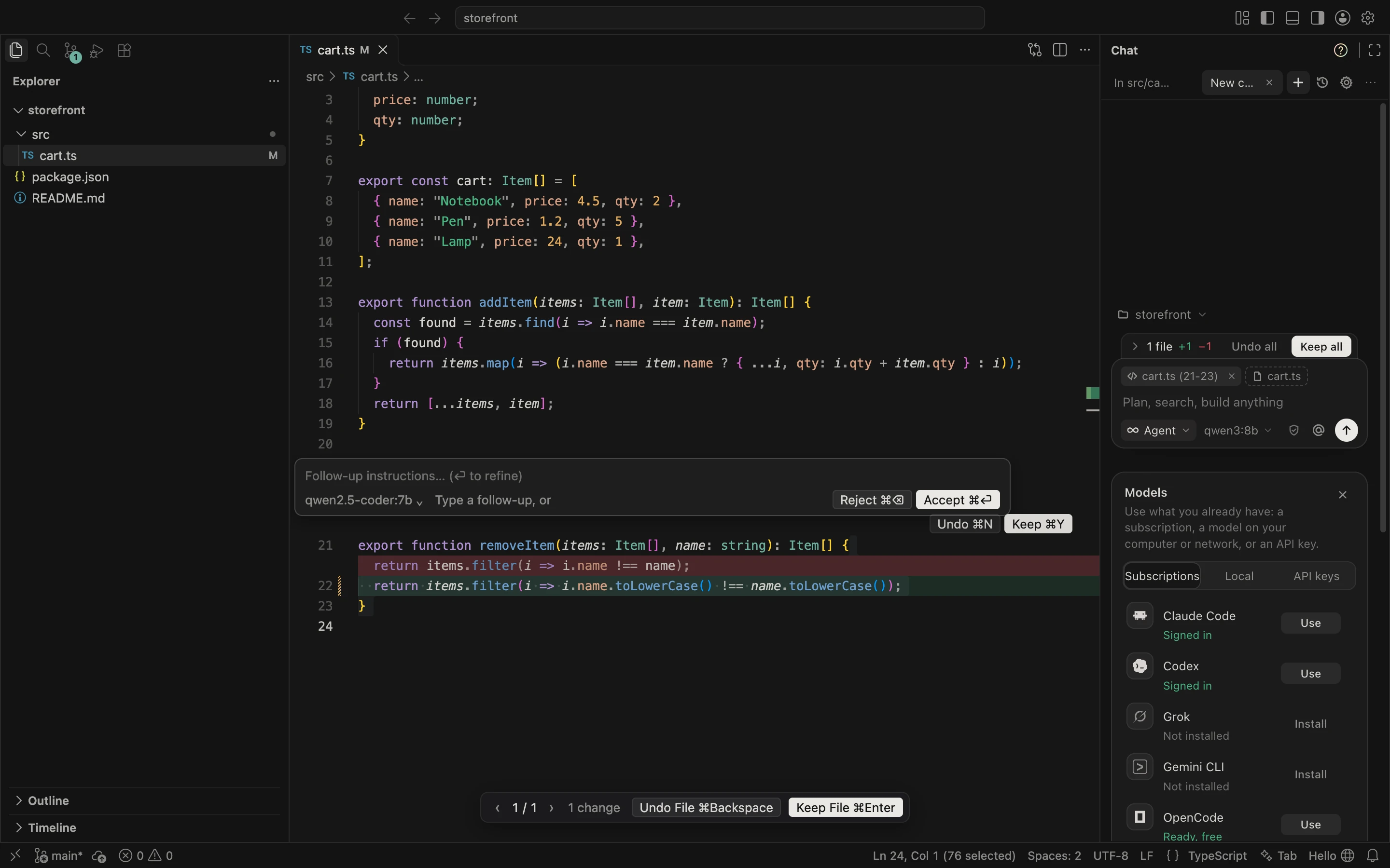 OpenCursor with a Cmd K edit in cart.ts: the old line in red, the new one in green, Accept and Reject above it, and the model picker in the chat panel.