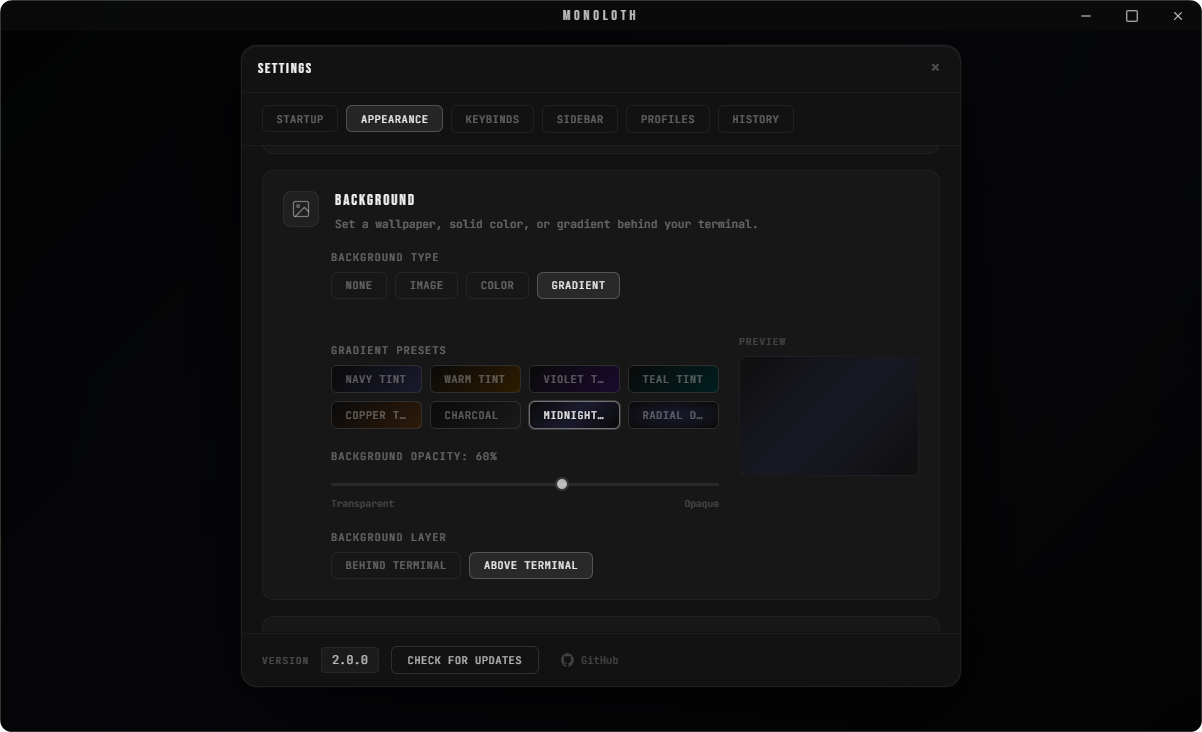 Appearance settings tab
