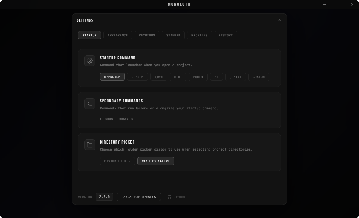 Startup configuration tab