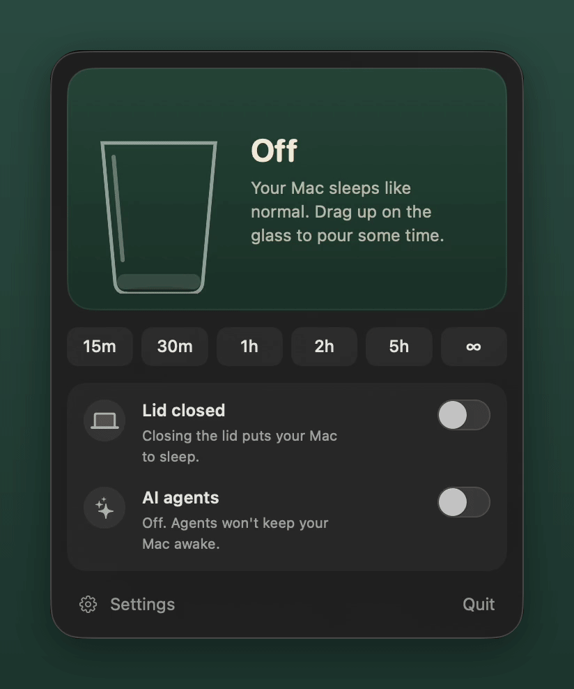 The panel: pick 30 minutes and the glass fills, pick until you turn it off, then off and it drains