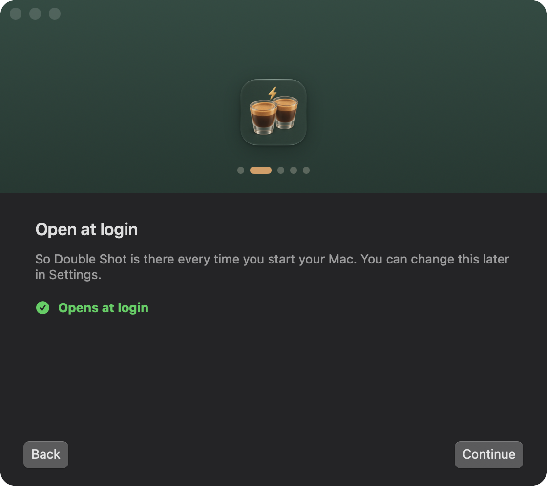 The welcome window, step two: open at login