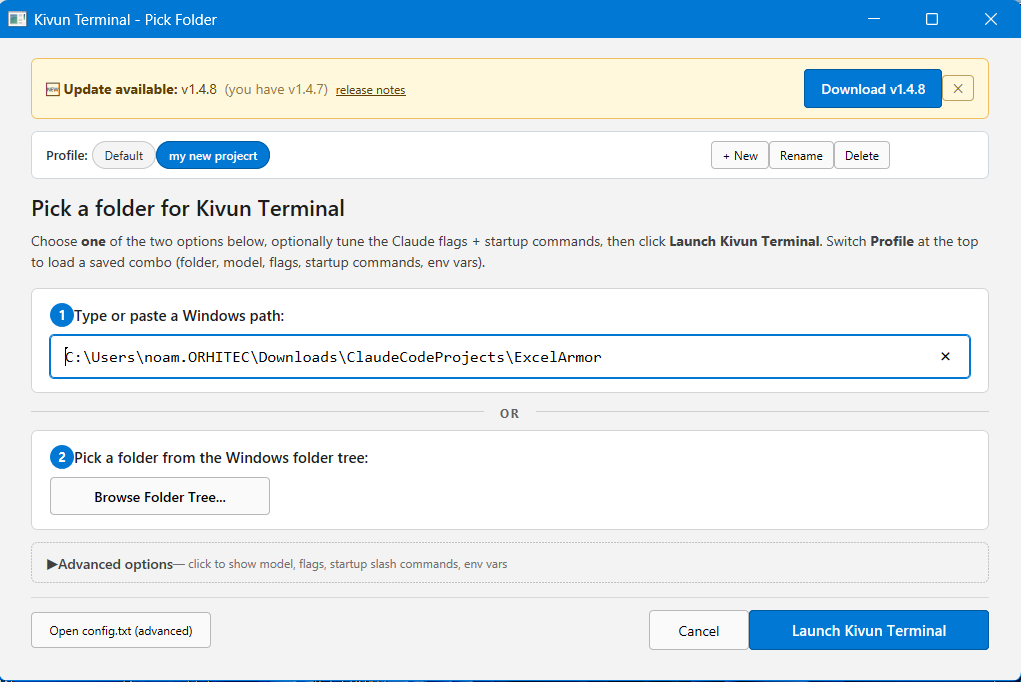 ClaudeCode Launchpad CLI folder picker (v2.6.11) — folder selection up top, an Advanced options toggle that hides model / flags / startup slash-commands / env-vars by default, and a yellow 'Update available' banner that checks GitHub Releases on launch and offers a one-click Download button