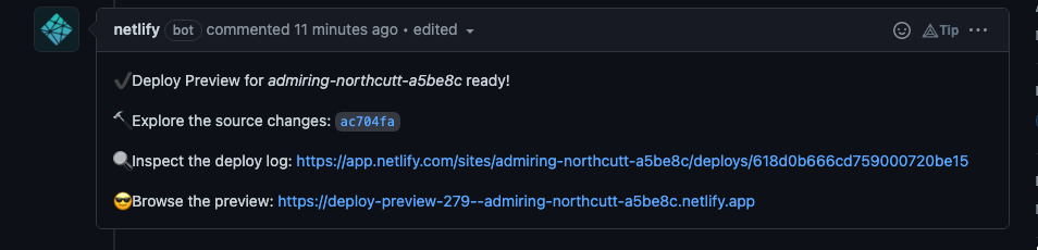 Screenshot of a GitHub Pull Request displaying the Netlify bot for website builds
