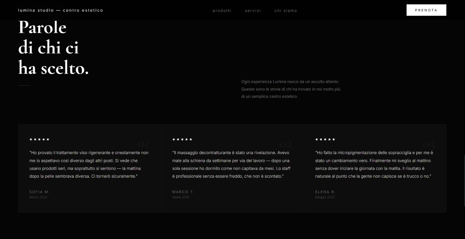 Sezione recensioni del sito Lumina Studio