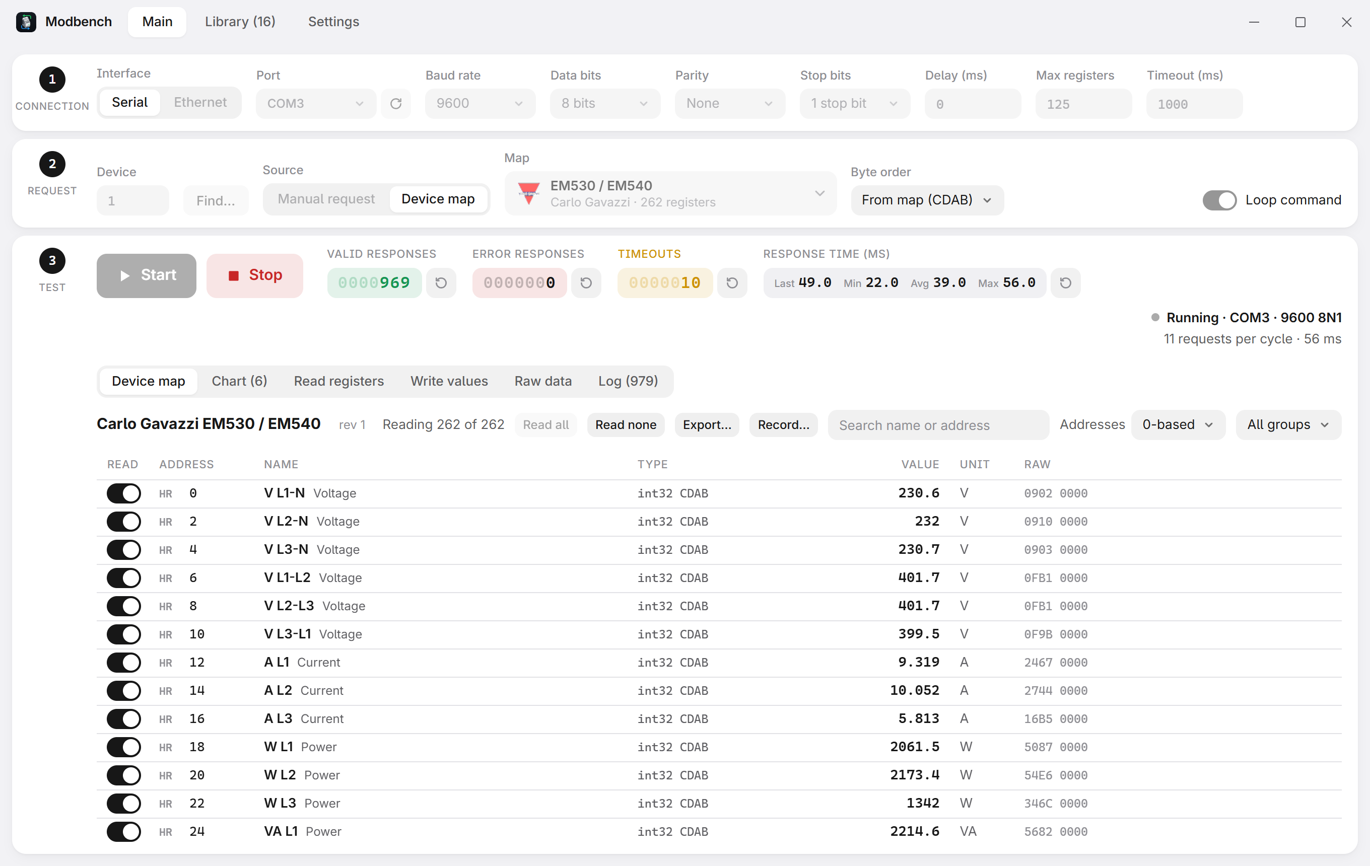 Modbench reading an energy meter through its device map