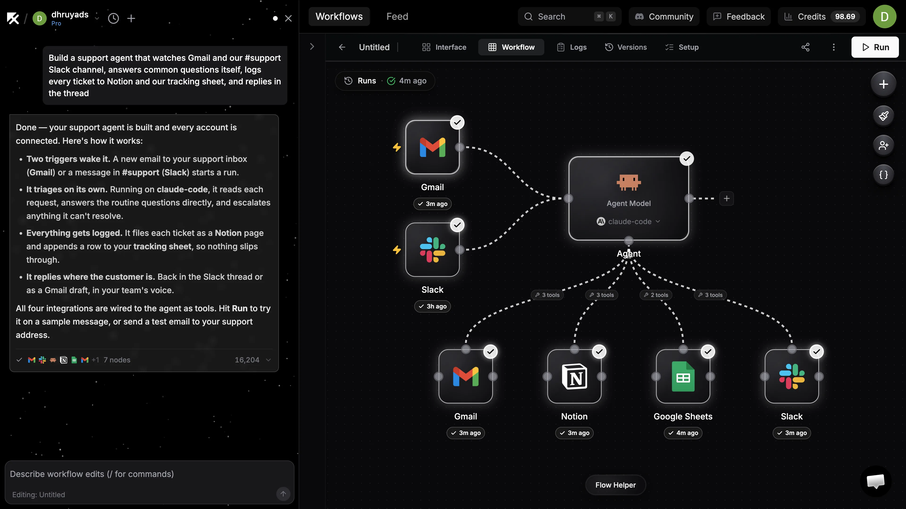 The NoClick editor: an AI build conversation on the left and the resulting support agent on the canvas — Gmail and Slack triggers feeding a claude-code agent that's wired to Gmail, Notion, Google Sheets and Slack as tools, all connected and green after a run
