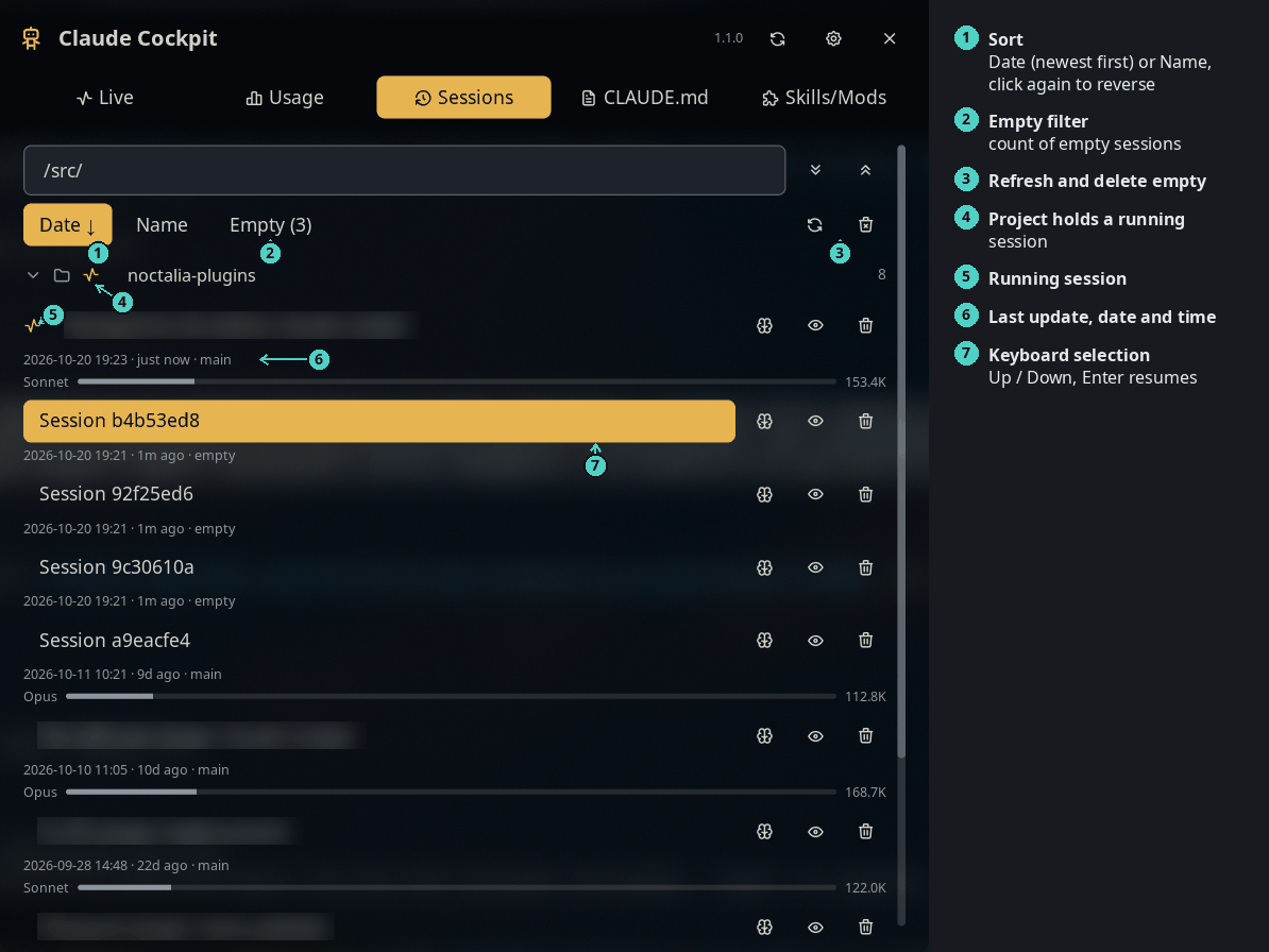 Sessions tab
