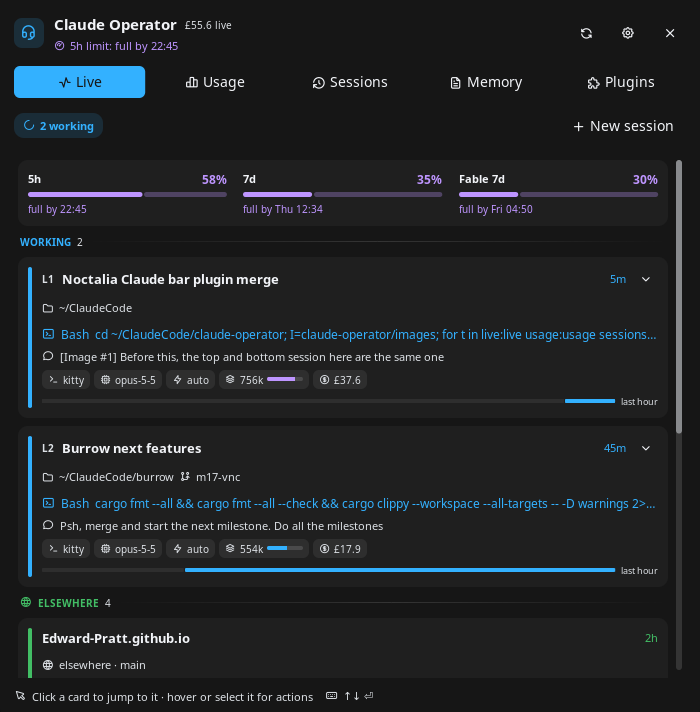 The Live tab: two sessions working, plan limits and where they are heading