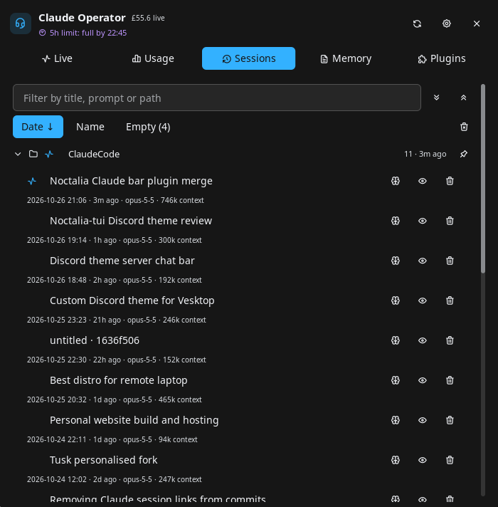 Sessions: a project opened, with pin, CLAUDE.md, preview and delete per row