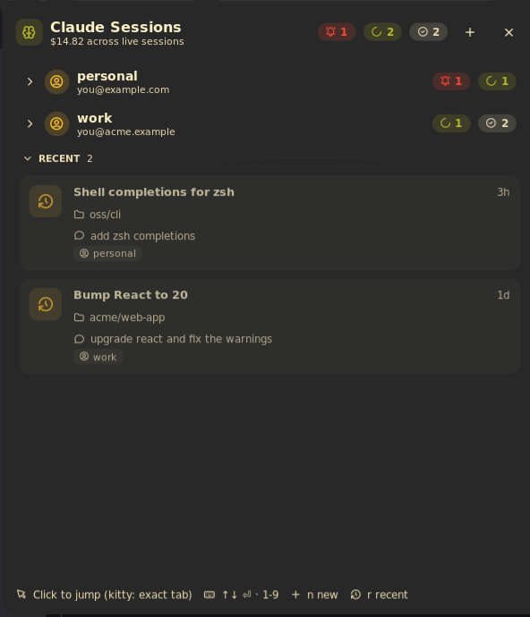 Accounts folded, with Recent sessions open