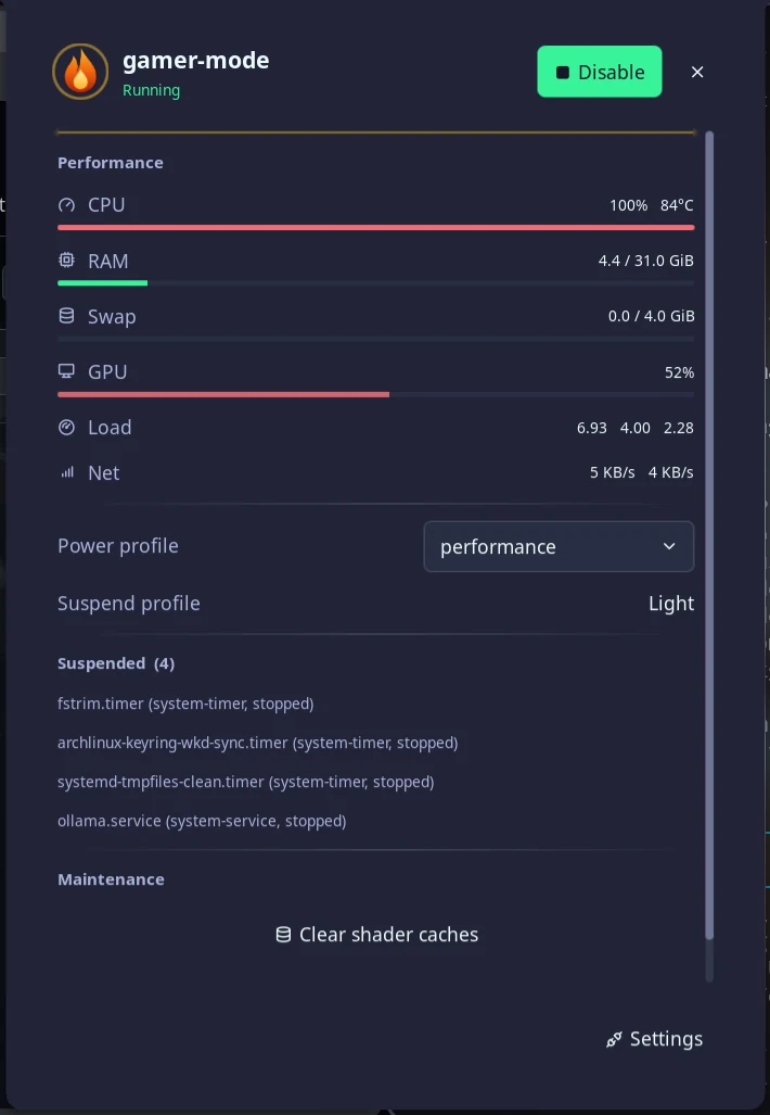 The panel with gamer mode running