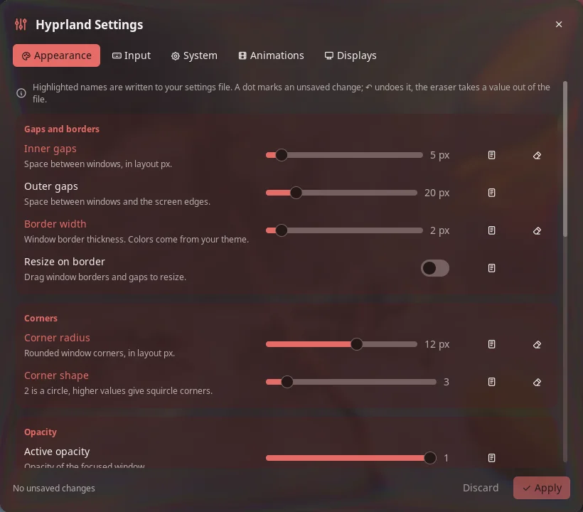 Appearance page