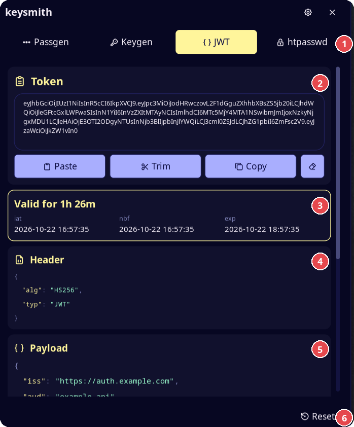 JWT tab with a decoded token