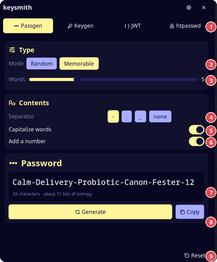 Passgen tab in Memorable mode