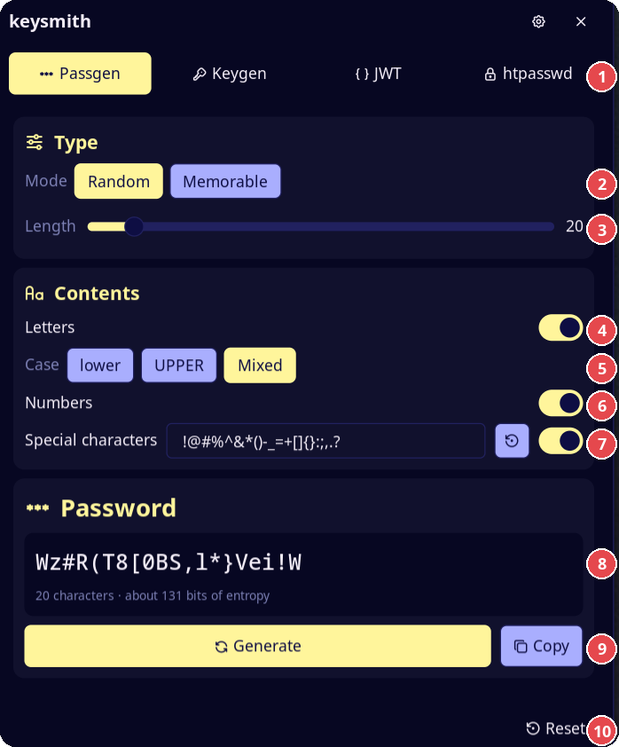 Passgen tab in Random mode