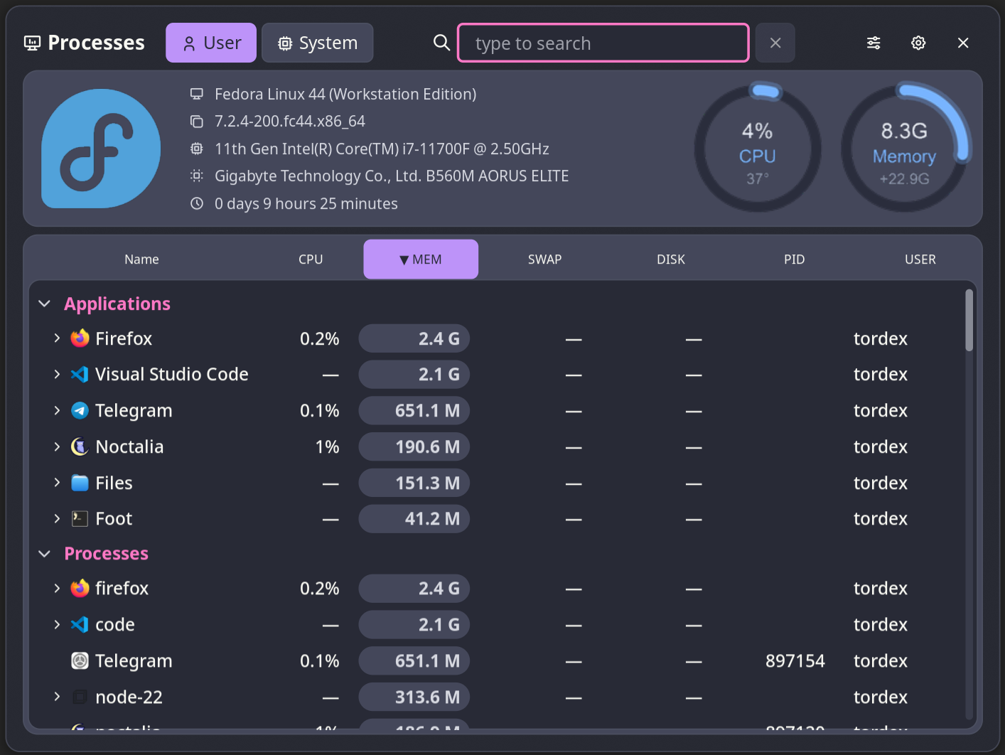 Processes panel