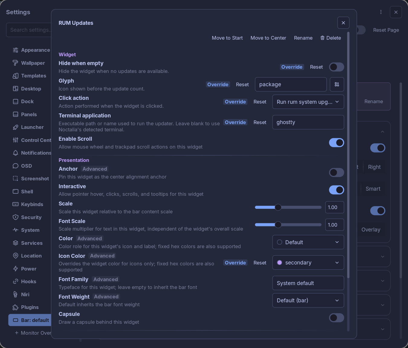 RUM Updates configuration in Noctalia settings