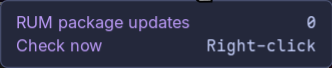 RUM Updates tooltip showing the Check now row with the Right-click hint