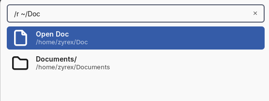 Typing /r ~/Documents shows "Open Documents" as the top result