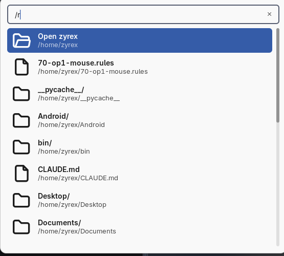 Typing /r with nothing after it lists the home directory, "Open zyrex" first