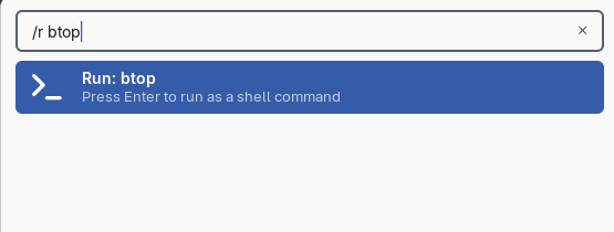 Typing /r btop shows "Run: btop"