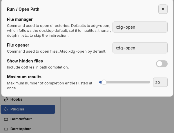 Plugin settings: file manager, file opener, show hidden files, maximum results