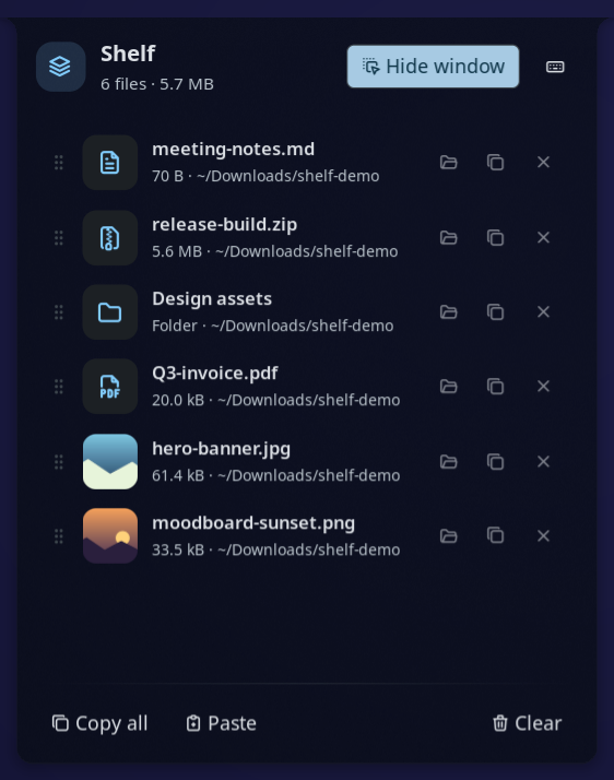 Shelf panel listing six files