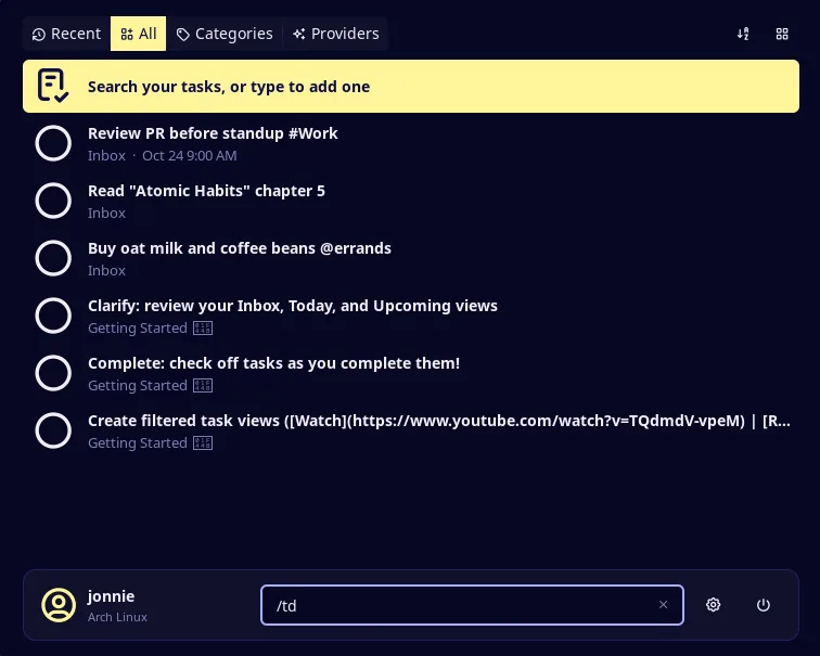 Launcher showing the /td prefix and Todoist task results
