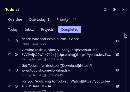 Todoist panel Completed tab listing tasks completed in the last 7 days