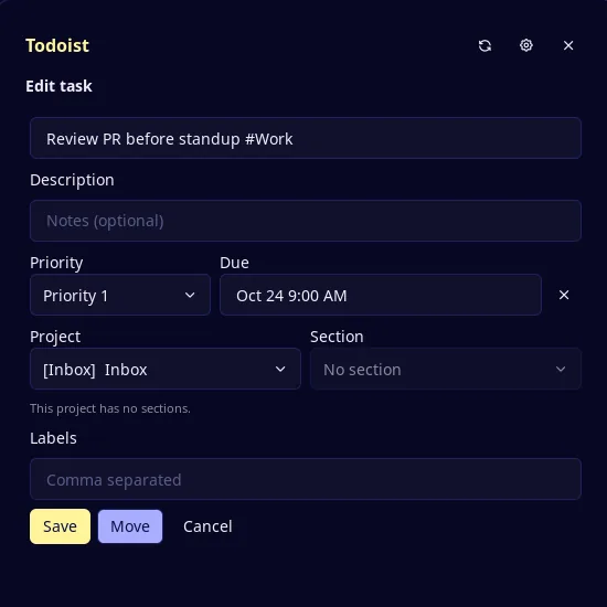 Todoist panel edit form with title, description, priority, due date, project, section and labels