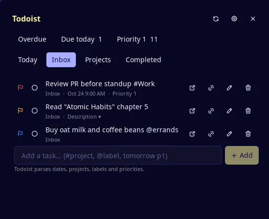 Todoist panel showing the Inbox tab with priority flags, due dates and quick actions