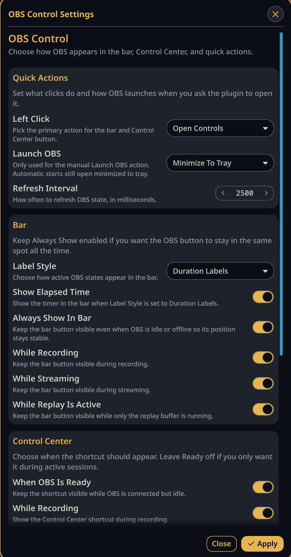 OBS Control settings