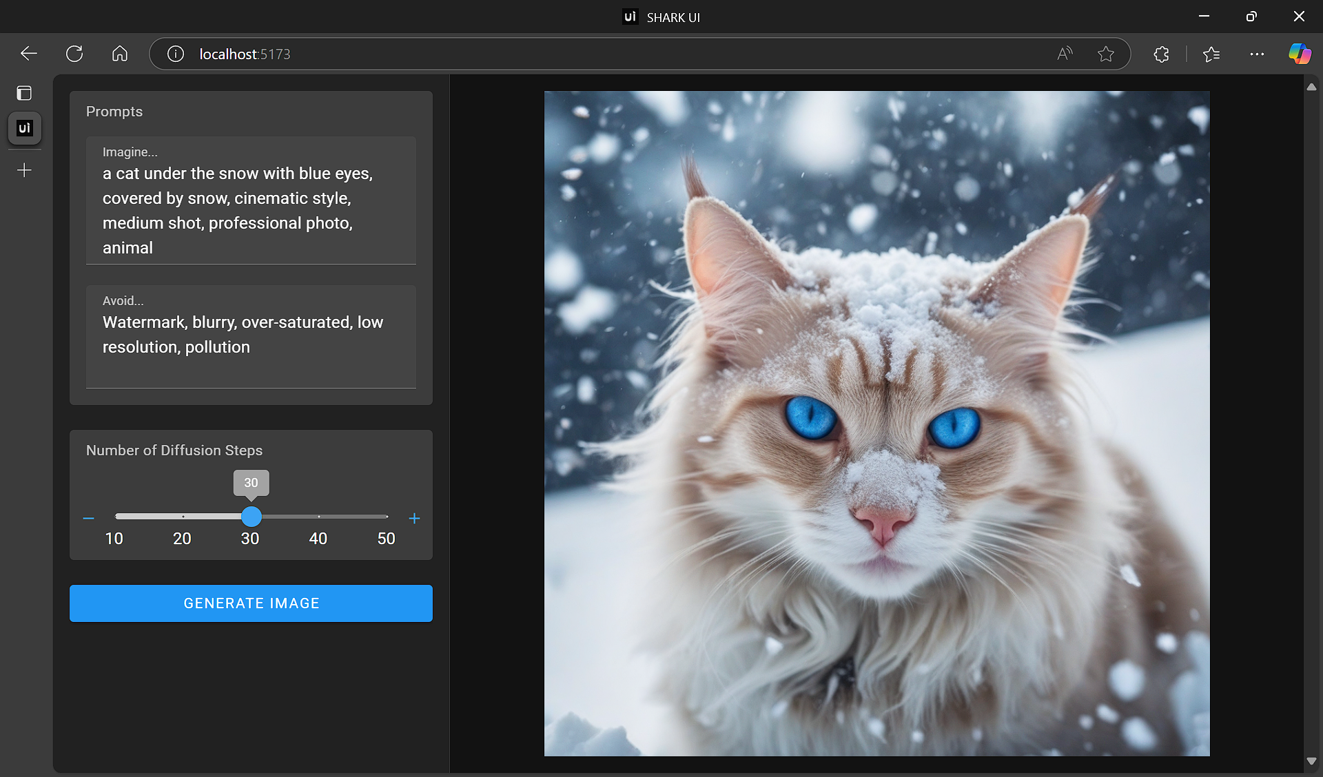 Shark UI after Successful Image Generation A screenshot of SHARK UI, depicted after a successful inference request for the legendary Blue-Eyes White Snow Cat
