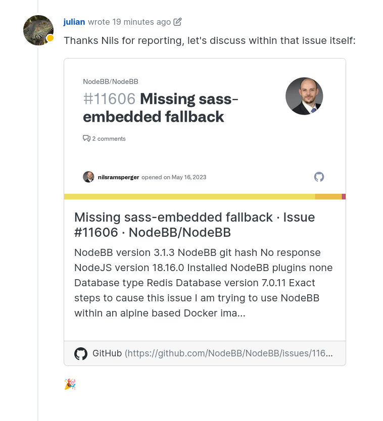 A NodeBB post with an embedded link to a GitHub issue — it looks great!