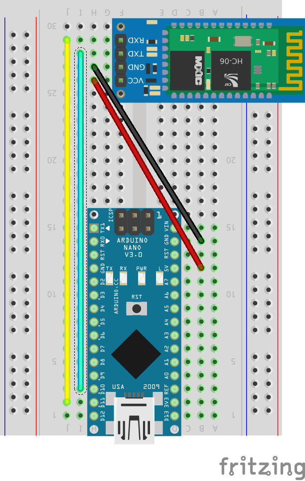 Arduino Nano to HC-06 Bluetooth breadboard