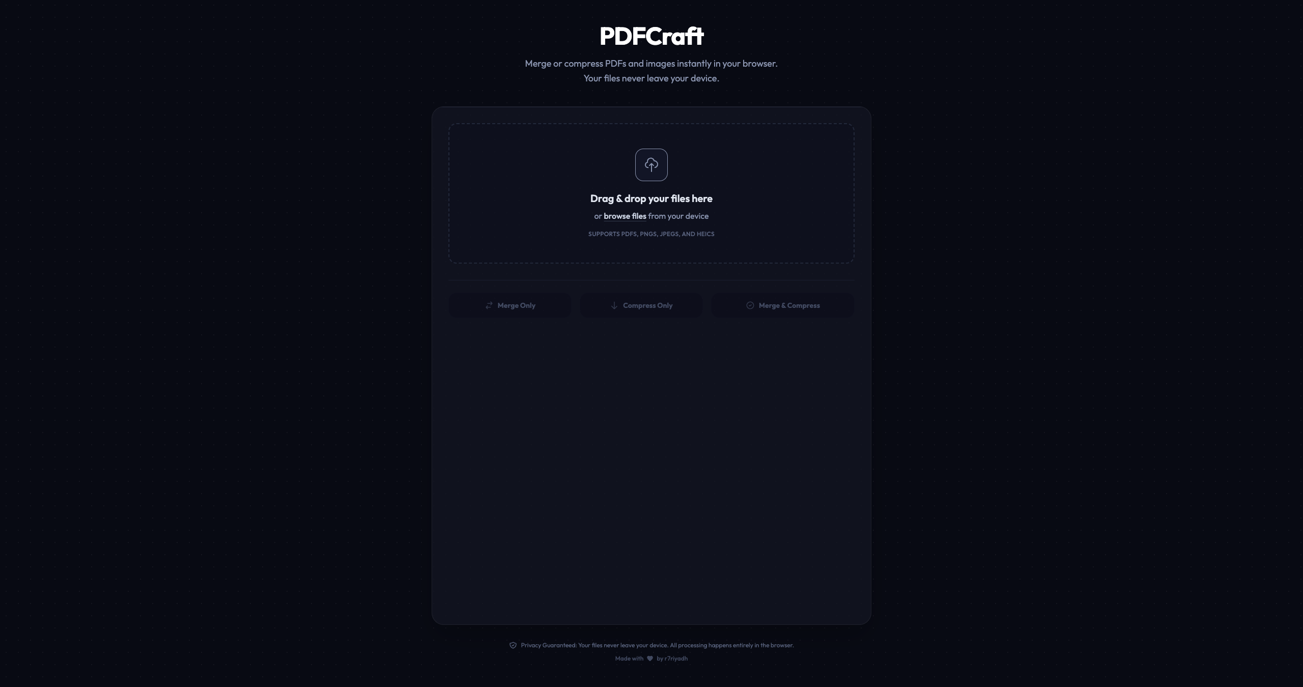 PDFCraft Client-Side PDF Merger and Compressor Interface