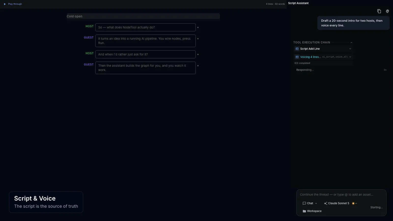 NodeTool script editor: the transcript panel beside the sequence it assembles into