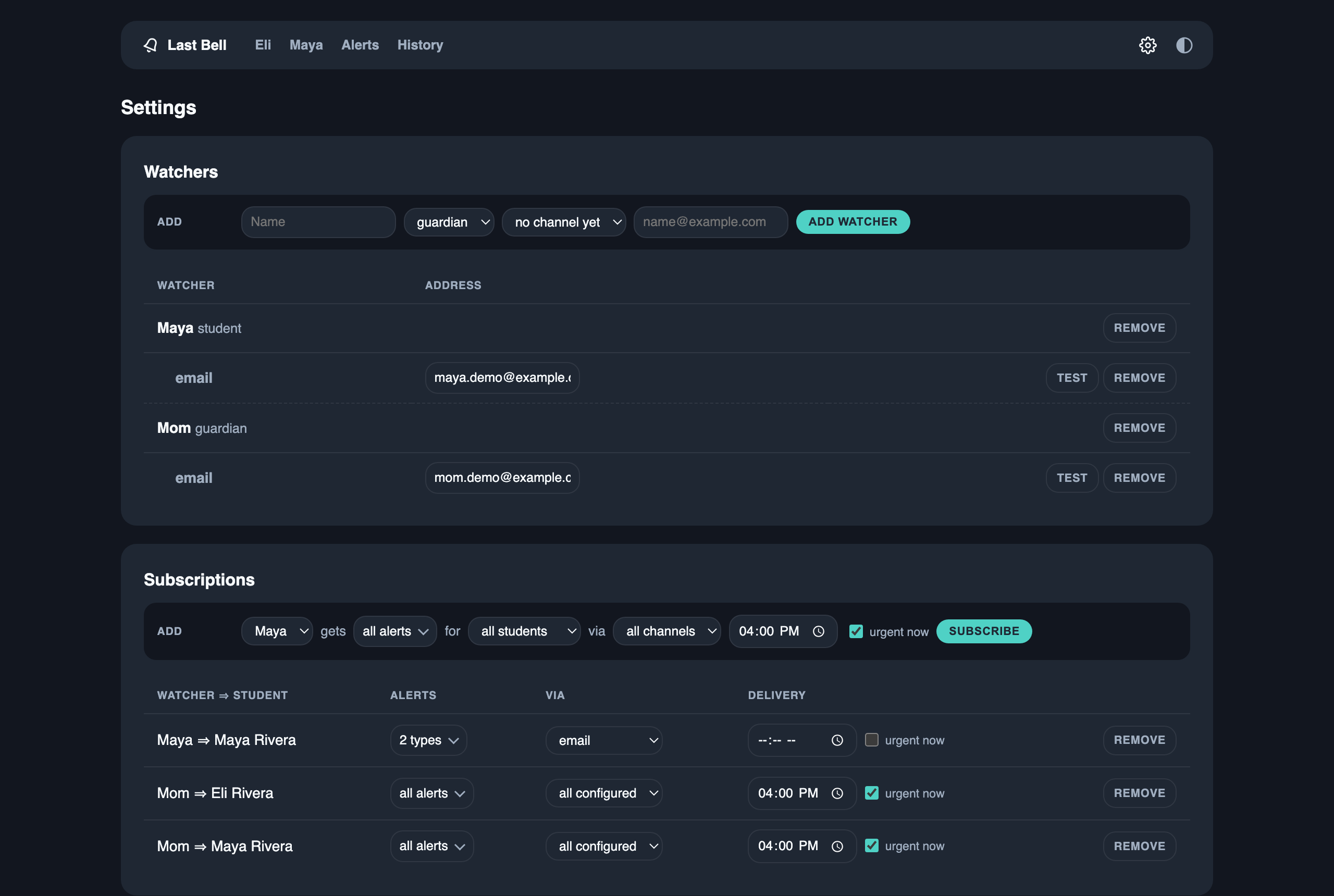 Settings: watchers, channels, and subscriptions