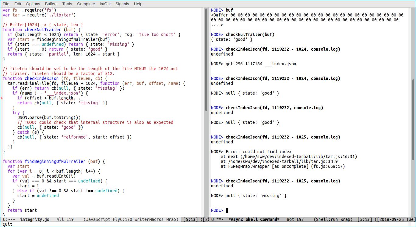 screenshot of emacs running node-dyad
